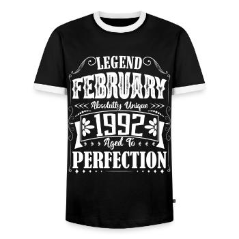 February 1992. February 1992 Birthday Gift. - Men's Ringer Shirt - black/white - Front - AI Model Female 172 light (172cm) & AI Model Male 178 light (178cm)