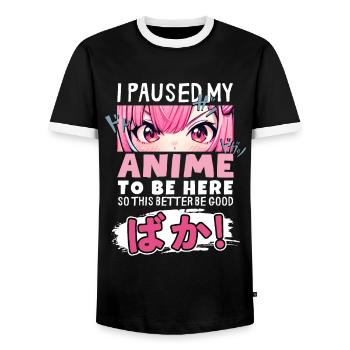 I Paused My Anime To Be Here BAKA! Kawaii Otaku - Men's Ringer Shirt - black/white - Front - AI Model Female 172 light (172cm) & AI Model Male 178 light (178cm)