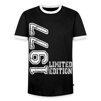 Limited Edition 1977 - Men's Ringer Shirt - black/white - Front - AI Model Female 172 light (172cm) & AI Model Male 178 light (178cm)
