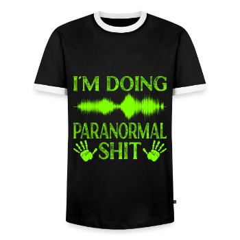 Paranormal Ghost Hunter I ́m Doing Paranormal Shit - Men's Ringer Shirt - black/white - Front - AI Model Female 172 light (172cm) & AI Model Male 178 light (178cm)