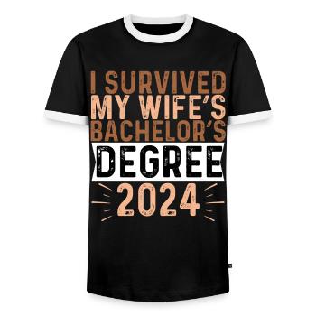 I Survived My Wife's Bachelor's Degree 2024 - Men's Ringer Shirt - black/white - Front - AI Model Female 172 light (172cm) & AI Model Male 178 light (178cm)