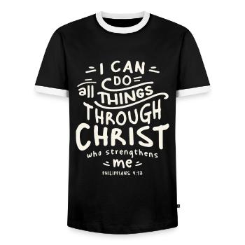 All Things Possible - Philippians 4:13 Christian - Men's Ringer Shirt - black/white - Front - AI Model Female 172 light (172cm) & AI Model Male 178 light (178cm)