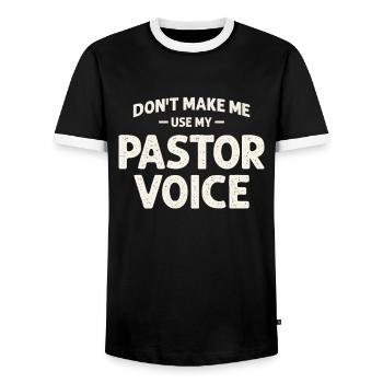 Pastor Voice Christian Quote Humor - Men's Ringer Shirt - black/white - Front - AI Model Female 172 light (172cm) & AI Model Male 178 light (178cm)