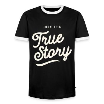 True Story - John 3:16 Christian Quote - Men's Ringer Shirt - black/white - Front - AI Model Female 172 light (172cm) & AI Model Male 178 light (178cm)