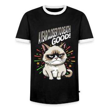 Plus près de la mort - Pyjama Angry Cat Happy New Year - T-shirt contrasté Homme - noir/blanc - Devant - AI Model Female 172 light (172cm) & AI Model Male 178 light (178cm)