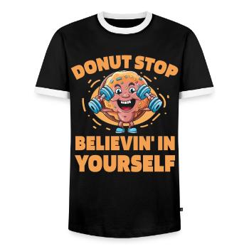 Donut Fitness Funny Donut Gym - Men's Ringer Shirt - black/white - Front - AI Model Female 172 light (172cm) & AI Model Male 178 light (178cm)