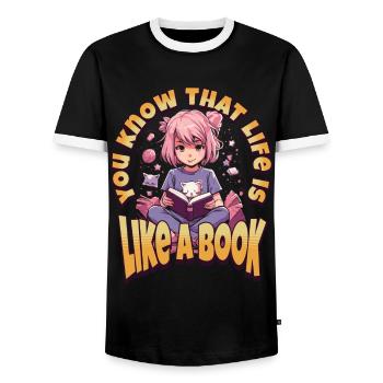 La vie est comme un livre - Kawaii Girl pour les rats de bibliothèque - T-shirt contrasté Homme - noir/blanc - Devant - AI Model Female 172 light (172cm) & AI Model Male 178 light (178cm)