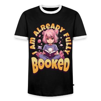 Fully Booked - Kawaii Anime Girl for Bookworms - Men's Ringer Shirt - black/white - Front - AI Model Female 172 light (172cm) & AI Model Male 178 light (178cm)
