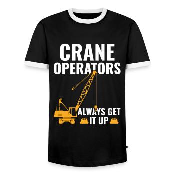 Crane Operators always Get It Up - Funny - Men's Ringer Shirt - black/white - Front - AI Model Female 172 light (172cm) & AI Model Male 178 light (178cm)
