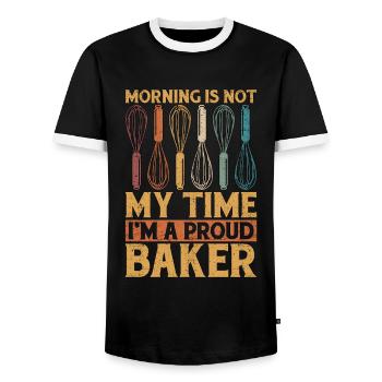 Baker Morning n’est pas mon heure, je suis un fier pâtissier - T-shirt contrasté Homme - noir/blanc - Devant - AI Model Female 172 light (172cm) & AI Model Male 178 light (178cm)