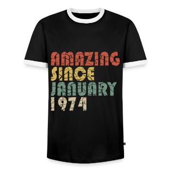 Original Janvier 1974 - 50 ans d’être génial - T-shirt contrasté Homme - noir/blanc - Devant - AI Model Female 172 light (172cm) & AI Model Male 178 light (178cm)