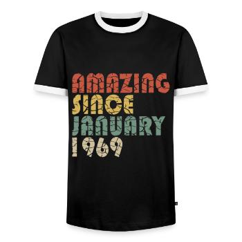 January 1969. January 1969 Birthday Present. - Men's Ringer Shirt - black/white - Front - AI Model Female 172 light (172cm) & AI Model Male 178 light (178cm)
