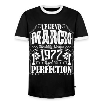 March 1977. March 1977 Birthday Gift. March. - Men's Ringer Shirt - black/white - Front - AI Model Female 172 light (172cm) & AI Model Male 178 light (178cm)