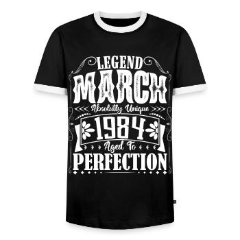 March 1984. March 1984 Birthday Gift. March. - Men's Ringer Shirt - black/white - Front - AI Model Female 172 light (172cm) & AI Model Male 178 light (178cm)