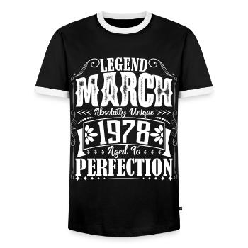 March 1978. March 1978 Birthday Gift. March. - Men's Ringer Shirt - black/white - Front - AI Model Female 172 light (172cm) & AI Model Male 178 light (178cm)