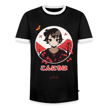 こんにちは Konnichiwa Hallo Japan - Männer Kontrast-T-Shirt - Schwarz/Weiß - Vorne - AI Model Female 172 light (172cm) & AI Model Male 178 light (178cm)