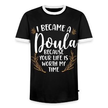 Doula accoucheuse Je suis devenue une - T-shirt contrasté Homme - noir/blanc - Devant - AI Model Female 172 light (172cm) & AI Model Male 178 light (178cm)