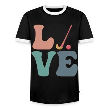 Field Hockey Street Hockey Player - Men's Ringer Shirt - black/white - Front - AI Model Female 172 light (172cm) & AI Model Male 178 light (178cm)