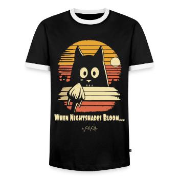 Watching Night Flowers Bloom, Retro Cat - Men's Ringer Shirt - black/white - Front - AI Model Female 172 light (172cm) & AI Model Male 178 light (178cm)