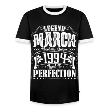 March 1994. March 1994 Birthday Gift. March. - Men's Ringer Shirt - black/white - Front - AI Model Female 172 light (172cm) & AI Model Male 178 light (178cm)