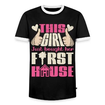 Cette fille vient d’acheter sa première maison - T-shirt contrasté Homme - noir/blanc - Devant - AI Model Female 172 light (172cm) & AI Model Male 178 light (178cm)