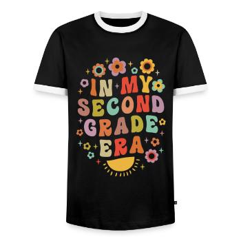 In My Second Grade Era 2nd Grade Groovy Vintage - Men's Ringer Shirt - black/white - Front - AI Model Female 172 light (172cm) & AI Model Male 178 light (178cm)