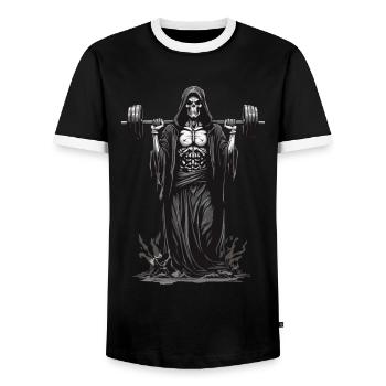 Grim Reaper Bodybuilder Deadlift Spaß - Männer Kontrast-T-Shirt - Schwarz/Weiß - Vorne - AI Model Female 172 light (172cm) & AI Model Male 178 light (178cm)