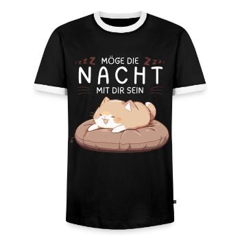 Möge die Nacht mit dir sein - Schlafshirt Katze - Männer Kontrast-T-Shirt - Schwarz/Weiß - Vorne - AI Model Female 172 light (172cm) & AI Model Male 178 light (178cm)