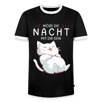 Möge die Nacht mit dir sein - Schlafshirt Katze - Männer Kontrast-T-Shirt - Schwarz/Weiß - Vorne - AI Model Female 172 light (172cm) & AI Model Male 178 light (178cm)