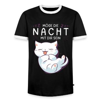 Möge die Nacht mit dir sein - Schlafshirt Katze - Männer Kontrast-T-Shirt - Schwarz/Weiß - Vorne - AI Model Female 172 light (172cm) & AI Model Male 178 light (178cm)