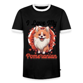 Pomeranian Pom Dog Pom-Pom - I Love my Pomeranian - Men's Ringer Shirt - black/white - Front - AI Model Female 172 light (172cm) & AI Model Male 178 light (178cm)
