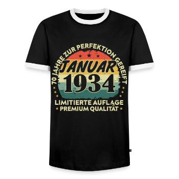 January 1934 Vintage Gift Birthday 90 Years - Men's Ringer Shirt - black/white - Front - AI Model Female 172 light (172cm) & AI Model Male 178 light (178cm)