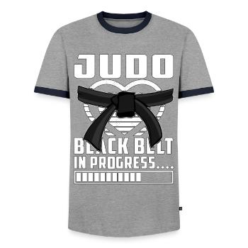 Judo Black Belt in progress - Men's Ringer Shirt - grey/navy  - Front - AI Model Female 172 light (172cm) & AI Model Male 178 light (178cm)