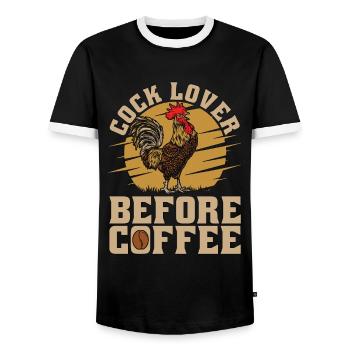 Cock Lover Before Coffee Chicken Coop Coffee Lover - Men's Ringer Shirt - black/white - Front - AI Model Female 172 light (172cm) & AI Model Male 178 light (178cm)