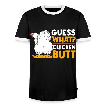 Drôle Devinez quoi ? Cul de poulet ! - T-shirt contrasté Homme - noir/blanc - Devant - AI Model Female 172 light (172cm) & AI Model Male 178 light (178cm)