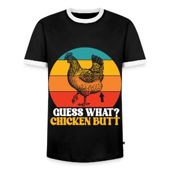 Drôle Devinez quoi ? Cul de poulet ! - T-shirt contrasté Homme - noir/blanc - Devant - AI Model Female 172 light (172cm) & AI Model Male 178 light (178cm)