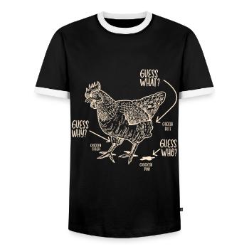 Drôle Devinez quoi ? Cul de poulet ! - T-shirt contrasté Homme - noir/blanc - Devant - AI Model Female 172 light (172cm) & AI Model Male 178 light (178cm)