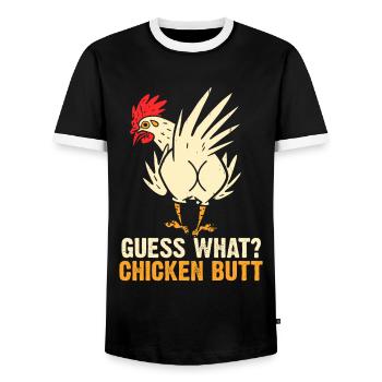 Drôle Devinez quoi ? Cul de poulet ! - T-shirt contrasté Homme - noir/blanc - Devant - AI Model Female 172 light (172cm) & AI Model Male 178 light (178cm)