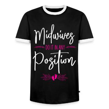 Nurse Midwife Birth Worker Pun - Men's Ringer Shirt - black/white - Front - AI Model Female 172 light (172cm) & AI Model Male 178 light (178cm)