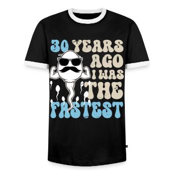 30 years ago, I used to be the fastest. - Men's Ringer Shirt - black/white - Front - AI Model Female 172 light (172cm) & AI Model Male 178 light (178cm)