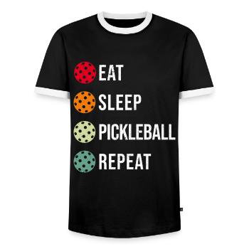 Pickleball, Mangez Dormez Pickleball Répéter - T-shirt contrasté Homme - noir/blanc - Devant - AI Model Female 172 light (172cm) & AI Model Male 178 light (178cm)