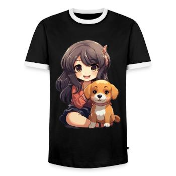 Kawaii Girl Anime Manga Fille et Chien - T-shirt contrasté Homme - noir/blanc - Devant - AI Model Female 172 light (172cm) & AI Model Male 178 light (178cm)
