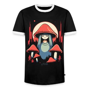 La fille champignon et les champignons dans la forêt - T-shirt contrasté Homme - noir/blanc - Devant - AI Model Female 172 light (172cm) & AI Model Male 178 light (178cm)