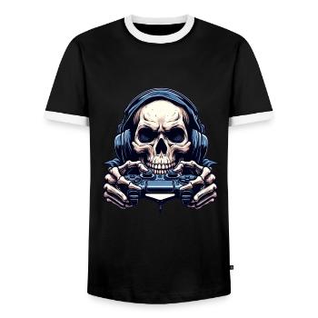 Skelett mit Gamecontroller. Design für Gamer - Männer Kontrast-T-Shirt - Schwarz/Weiß - Vorne - AI Model Female 172 light (172cm) & AI Model Male 178 light (178cm)