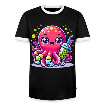 Kawaii Octopus With Bubble Tea Sea Ocean Boba Tea - Men's Ringer Shirt - black/white - Front - AI Model Female 172 light (172cm) & AI Model Male 178 light (178cm)