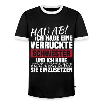 Hau ab! ich habe eine verrückte schwester - Männer Kontrast-T-Shirt - Schwarz/Weiß - Vorne - AI Model Female 172 light (172cm) & AI Model Male 178 light (178cm)
