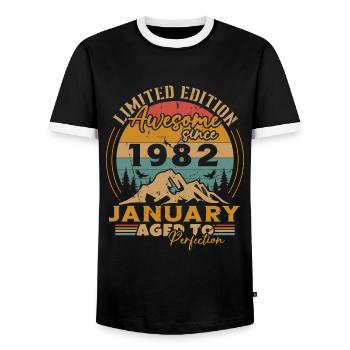 Birthday Gift, Vintage Born in January 1982 - Men's Ringer Shirt - black/white - Front - AI Model Female 172 light (172cm) & AI Model Male 178 light (178cm)
