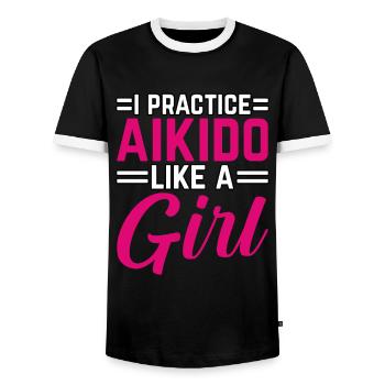 Ich praktiziere Aikido wie ein Mädchen - Männer Kontrast-T-Shirt - Schwarz/Weiß - Vorne - AI Model Female 172 light (172cm) & AI Model Male 178 light (178cm)