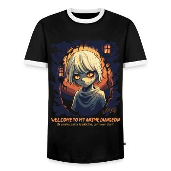 Anime Addiction: Welcome to My Anime Dungeon - Men's Ringer Shirt - black/white - Front - AI Model Female 172 light (172cm) & AI Model Male 178 light (178cm)