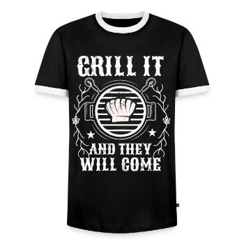 BBQ Smoker Meat Grilling Funny - Men's Ringer Shirt - black/white - Front - AI Model Female 172 light (172cm) & AI Model Male 178 light (178cm)